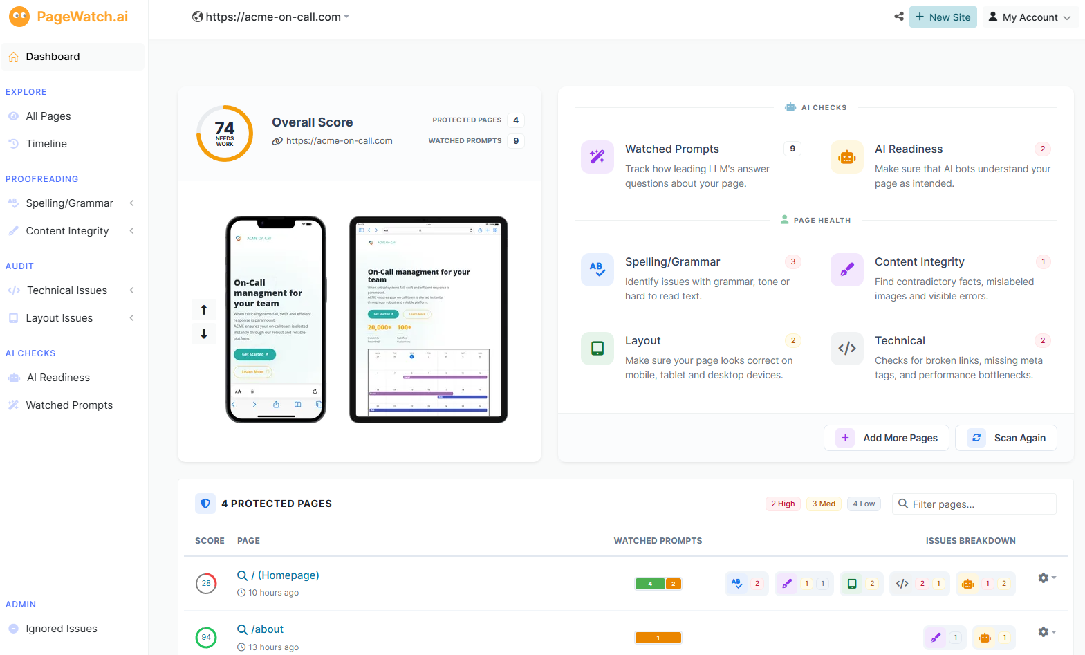 PageWatch dashboard showing audit results for Spelling & Grammar, Browser support, Dead links, and Broken Images with an overall score of 78