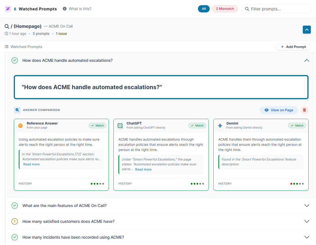 Dashboard showing a side-by-side comparison of a Reference Answer against responses from ChatGPT and Gemini for specific prompts